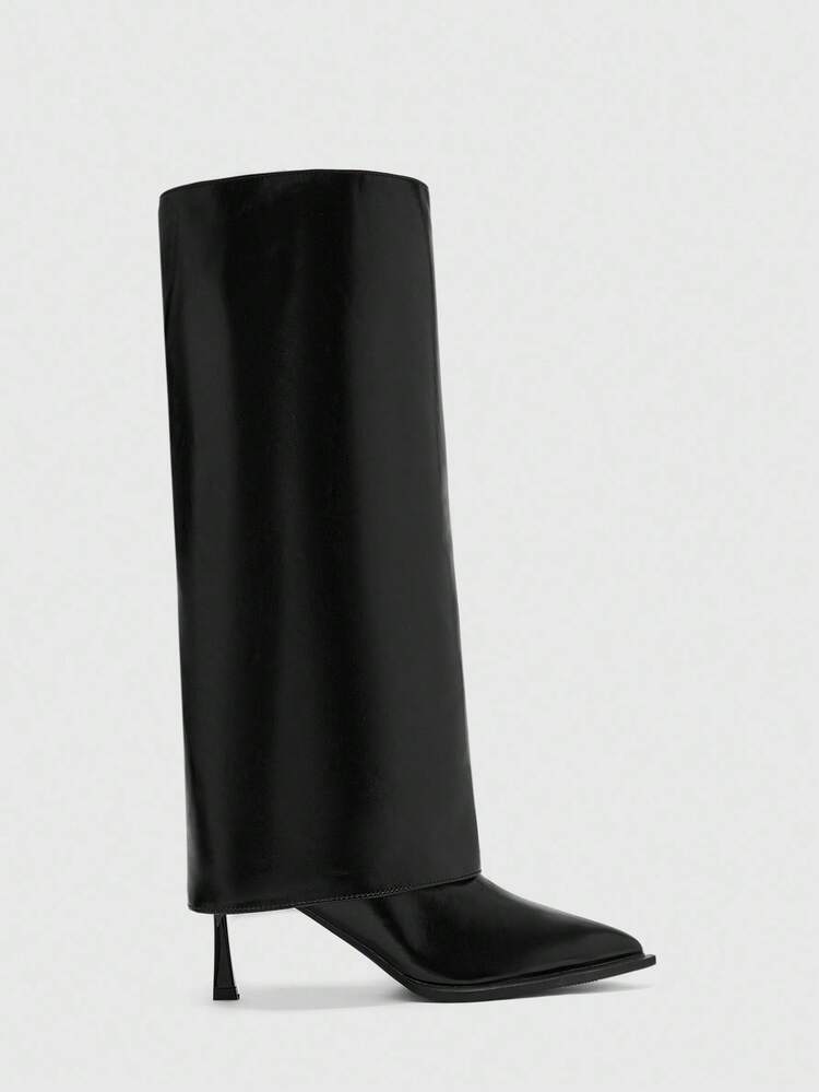 CUCCOO BIZCHIC ​​Glossy Pointed Knee-High Boots | Unique Sculpted Heel | Folded Boot Cuff | Minimalist Women's Boots | 2 Pairs, Premium Faux Leather​​
