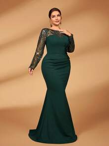 Serin Plus Size Elegant Dark Green Winter Formal Wedding Guest Dress,Boat Neck Long Sleeve Beaded Patchwork Knit Mermaid Mother Of The Bride - Green - View 7