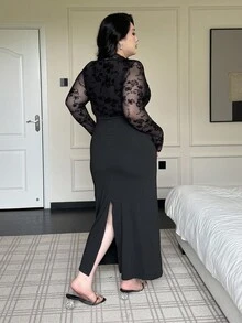 Flirla Plus Size Women's Black Long Sleeve Sexy Sheer Lace Bodycon Dress Wedding Guest Wednesday Addams - Black - View 3