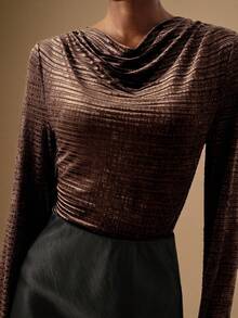 Lyxana Striped Velvet Drape Neck Long Sleeve Elegant Party T-Shirt For Women - Coffee Brown - View 6
