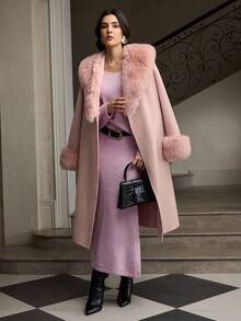 ZEYLAH Women's Elegant Wool Collar Double-Sided Woolen Coat, Autumn/Winter - Baby Pink - View 3