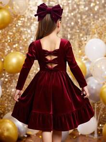 SHEIN Váy nơ 3D trang trí lưng dễ thương cho bé gái tuổi teen, váy đơn giản thanh lịch, thích hợp mặc vào mùa thu đông, Giáng sinh, dự tiệc, sinh nhật - Đỏ - Xem 2