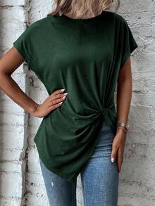 EMERY ROSE Damen Rundhals Fledermausärmel Twist-Taillen-Design Lässig Einfarbiges T-Shirt - Grün - Übersicht 7