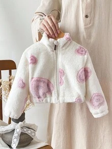 SHEIN Áo khoác cho bé gái 6 tháng-3 tuổi, kiểu dáng thường ngày, tay dài, màu hồng in hình trái tim, chất liệu vải nỉ trắng, thích hợp mặc đi dã ngoại, phong cách mùa thu. - trắng - Xem 9