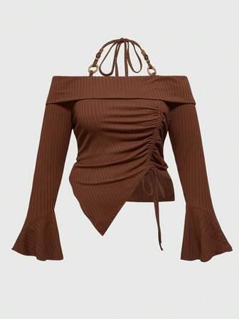 Fairycore Plus Size Vintage Brown Asymmetric Wooden Bead Decor Elegant Spaghetti Strap Camisole Top, Autumn Knit Off Shoulder Spaghetti Strap Long Sleeve Camisole, Plus Size Autumn/Winter Retro Brown Knit Spaghetti Strap Top, Plus Size Women Spaghetti Strap Long Sleeve Camisole Top