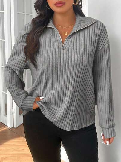 SHEIN Frenchy Casual Zip-Up Collar Fluffy Apricot Plus Size T-Shirt