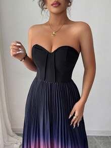 Elenzga Gradient Color Elegant Romantic Ruched Waist A-Line Hem Strapless Dress For Women