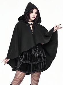 ROMWE Goth Gothic Style Hooded Long Cloak Woolen Coat For Women