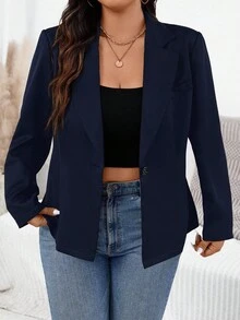 SHEIN Essnce 大码女装秋季法式新款时尚休闲通勤优雅职场返校教师商务职业自豪感上衣商务休闲加大码背带裤外出上衣西装外套 - 寶藍色 - 查看 6