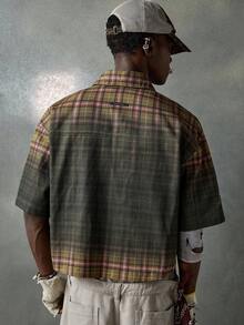 NEON BLANC 男士夏季休闲黄绿色格子水钻蜘蛛网图案短袖衬衫 - 綠色 - 查看 3