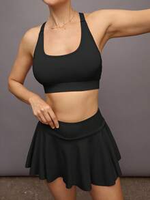 Activina Ladies' Fashionable Solid Color Sports Bra & Skirt Set,Women Tennis Outfit Workout Women Set - Black - View 7