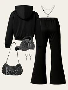 SHEIN Explorewe 2pcs/Set Tween Girls Fashionable Black Jacket Matched With Black Pants, Soft & Comfortable Fabric, Suitable For Outings, Sports, Photography, Back To School 2025 Season, Essential Outfit For Tween Girls - Black - View 2