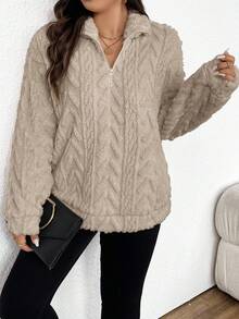 SHEIN Frenchy Plus Size Women Zip-Up Half Placket Thermal Lined Loose Sweatshirt, Autumn/Winter - Apricot - View 4