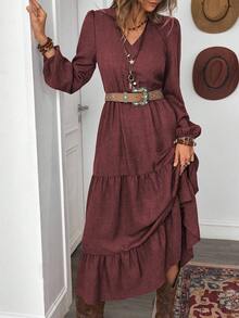 LanaWest 女式秋季波西米亚休闲度假风格锈棕色设计V领长袖拼布连衣裙 - 中紫紅色 - 查看 4