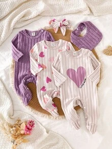 3pcs/Set Newborn Infant Cozy Ribbed Fleece Heart Print Pajamas, Comfortable & Fashionable Casual Homewear, Suitable For Spring & Autumn - Multicolor - View 1