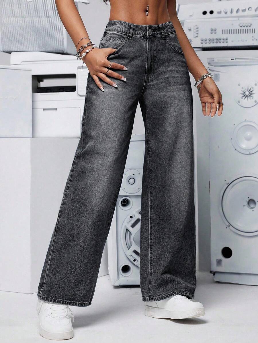 SHEIN PETITE Women's Loose Fit Pockets Wide Leg Casual Denim Jeans