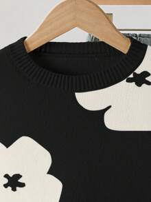 Suéter Casual de Gola Redonda com Estampa Floral para Meninas Jovens, Adequado para Uso Casual, em Casa, Reuniões, Volta às Aulas, Inverno, Natal, Halloween, Outono - Preto e Branco - Visão 3
