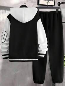 2pcs/Set Teens' Contrast Color Letter Print Baseball Jacket And Sports Pants, Casual Sportswear Set, Spring/Autumn - Black and White - View 2