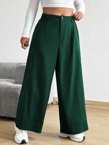 POPSWAY Plus Size Women's Solid Color Pleated Loose Wide Leg Pants - Dark Green - View 3