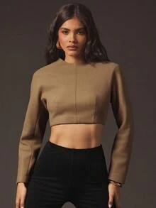 Hauture Blusa de mujer para oficina con cuello alto, espalda descubierta y cierre de metal dorado elegante para uso casual y de negocios - Marrón - Ver 4