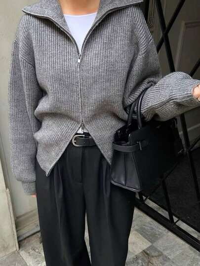 Siren Gaze Damen Winter Pullover, grauer gerippter Reißverschluss Cardigan, modisch und lässiger Streetwear Stil für Frauen, Herbst für Damen