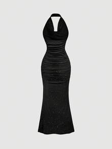SHEIN MOD Sequin Fabric Party Dress With Scoop Neck And Ruched Design For Women Black Glitter Dress Sparkly Black Dress Black Sequin Dress Black Tie Event Dress Cruise Dinner Dress,Christmas Dress,Winter Dress Women,New Year Dress ,Party Dress,Wedding Guest Dress ,Elegant Dresses For Women ,Luxury Evening Dresses For Women - Black - View 4