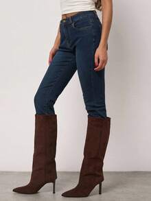 SHEIN BAE 女士休闲通勤简约纯色高腰紧身牛仔裤，不含腰带