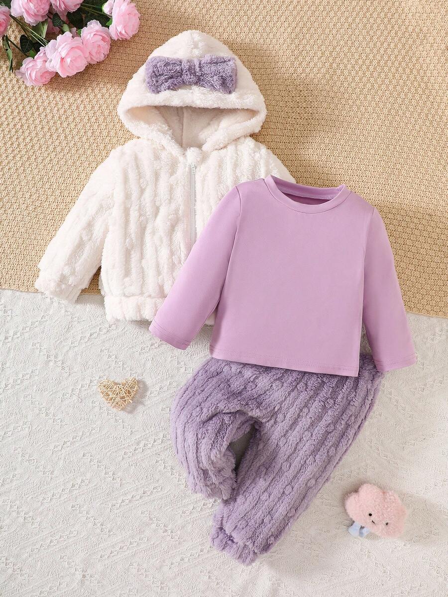 SHEIN 3 件套女婴毛绒连帽夹克 + 毛绒运动衫 + 毛绒运动裤休闲保暖服装，秋冬 - 彩色 - 查看 1