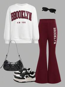 SHEIN 2pcs/Set Tween Girls Casual Contrast Color Print Crew Neck Long Sleeve Hoodie And Pants Set - Burgundy - View 3