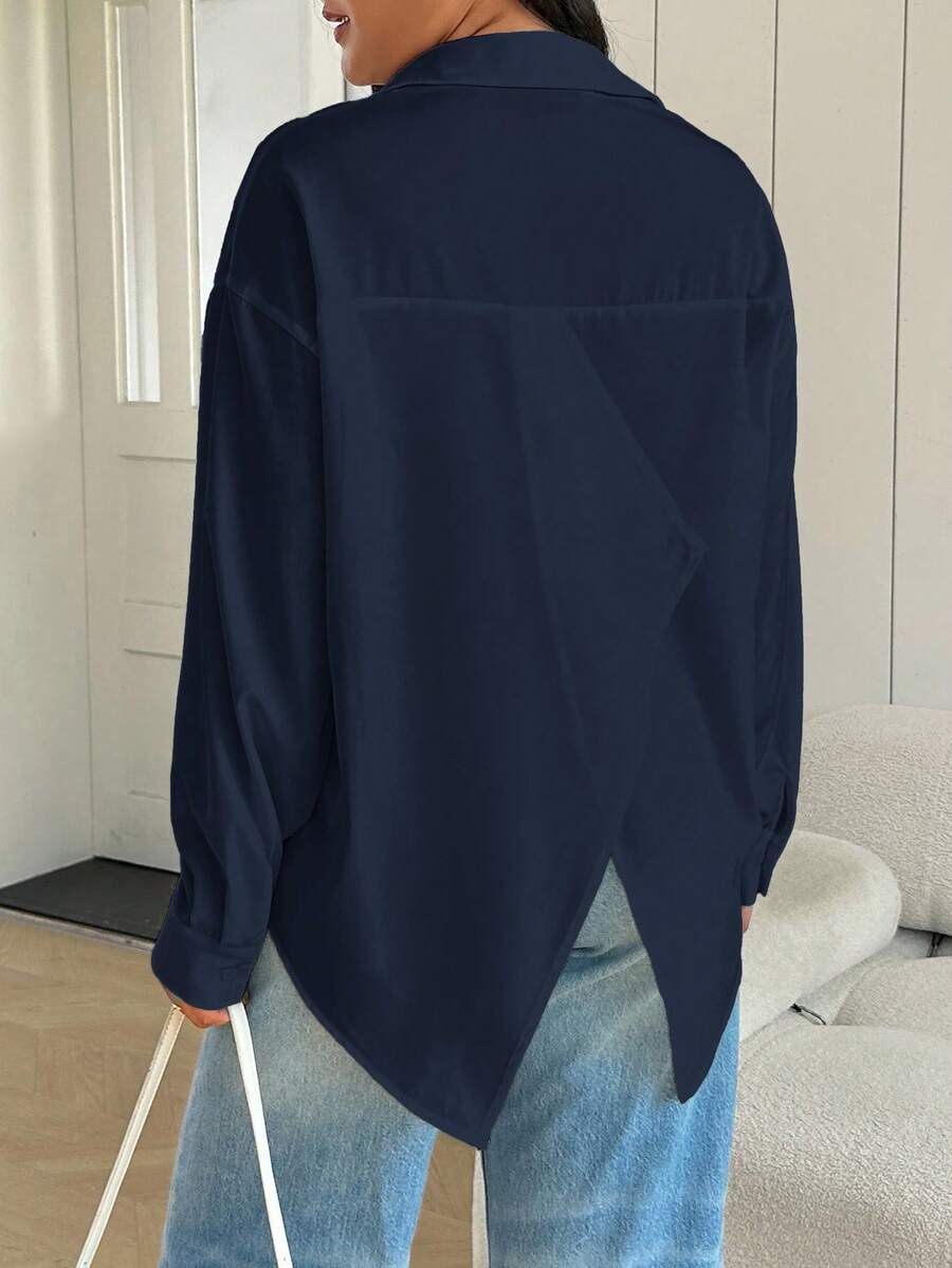 SHEIN Essnce 大码女式休闲不对称后背长袖衬衫，春夏 - 藏蓝色 - 查看 1