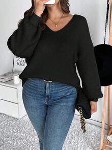 SHEIN Frenchy Plus Size Women V-Neck Bowknot Backless Pullover Sweater, Elegant French Style/Winter - Black - View 5