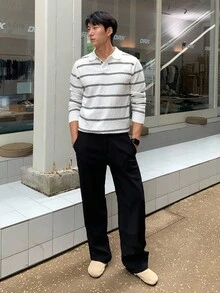 Claim Dot 男士条纹 Polo 领长袖休闲毛衣，秋冬 - 白色 - 查看 5
