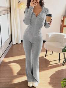 SHEIN PETITE 2 件套女式休闲连帽运动衫，带口袋和罗纹喇叭裤套装，适合日常穿着，秋冬 - 淺灰色 - 查看 5