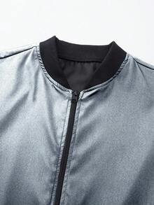 Manfinity Homme Men's Casual Collegiate Style Zip-Up Baseball Long Sleeve Jacket, Suitable For Spring And Autumn Daily Commute And School Wear - Light Grey - View 4