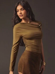 Hauture Formal Old Money Business Office Solid Color Asymmetric Collar Pleated Long Sleeve Blouse - Camel - View 5