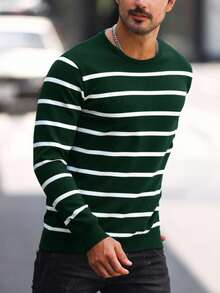 Manfinity Homme Men's Casual Striped Crew Neck Long Sleeve Sweater, Autumn/Winter Green Sweater Men Green And White Shirt Men Green Striped Shirt Rugby Long Sleeve For Men Striped Long Sleeve Green Striped Sweater Men Striped Long Sleeve Men Green And White Striped Shirt - Green - View 3