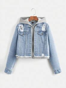 SHEIN Teen Girls' Casual Distressed Hooded Denim Jacket, Autumn