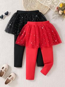 2件套少女优雅网纱衬裙和打底裤套装，适合女孩活动穿着，闪亮亮片，冬季保暖打底裤，宽松裤，适合女孩活动穿着。 - 彩色 - 查看 5