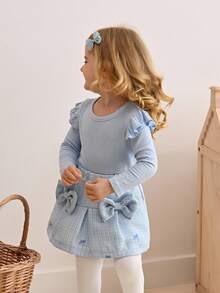 SHEIN 2 件套女婴返校装，9 个月 - 3 岁，简约别致蓝色罗纹针织圆领长袖上衣和蝴蝶刺绣松紧腰百褶裙，柔软舒适，优雅适合外出和居家，馈赠佳品 - 藍色 - 查看 6