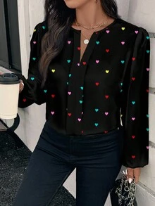 EMERY ROSE Plus Size Colorful Heart Print Shirt, Suitable For Thanksgiving, Day Of The Dead Party, ,Flower/Spring/Summer/Vacation Fall - Multicolor - View 4