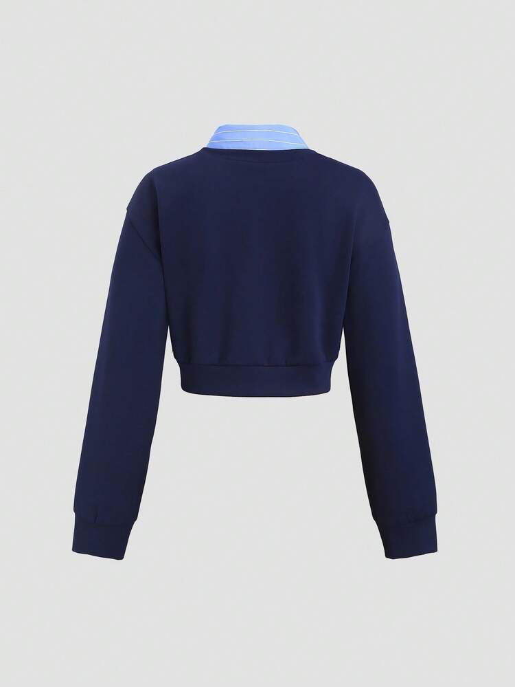 Sweetra Nuovo maglione casual a righe in stile vintage americano autunnale, con colletto polo e maniche lunghe, 2 in 1 - blu polveroso - Visualizzare 2