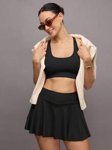 Activina Ladies' Fashionable Solid Color Sports Bra & Skirt Set,Women Tennis Outfit Workout Women Set - Black - View 8
