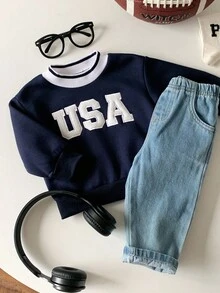 SHEIN 2 件婴儿男童/女童休闲运动套装：蓝色字母印花连帽衫和蓝色牛仔长裤，适合秋冬季室内、户外、日常、运动、玩耍、派对、拍照、假日、节日、狂欢 - 彩色 - 查看 5