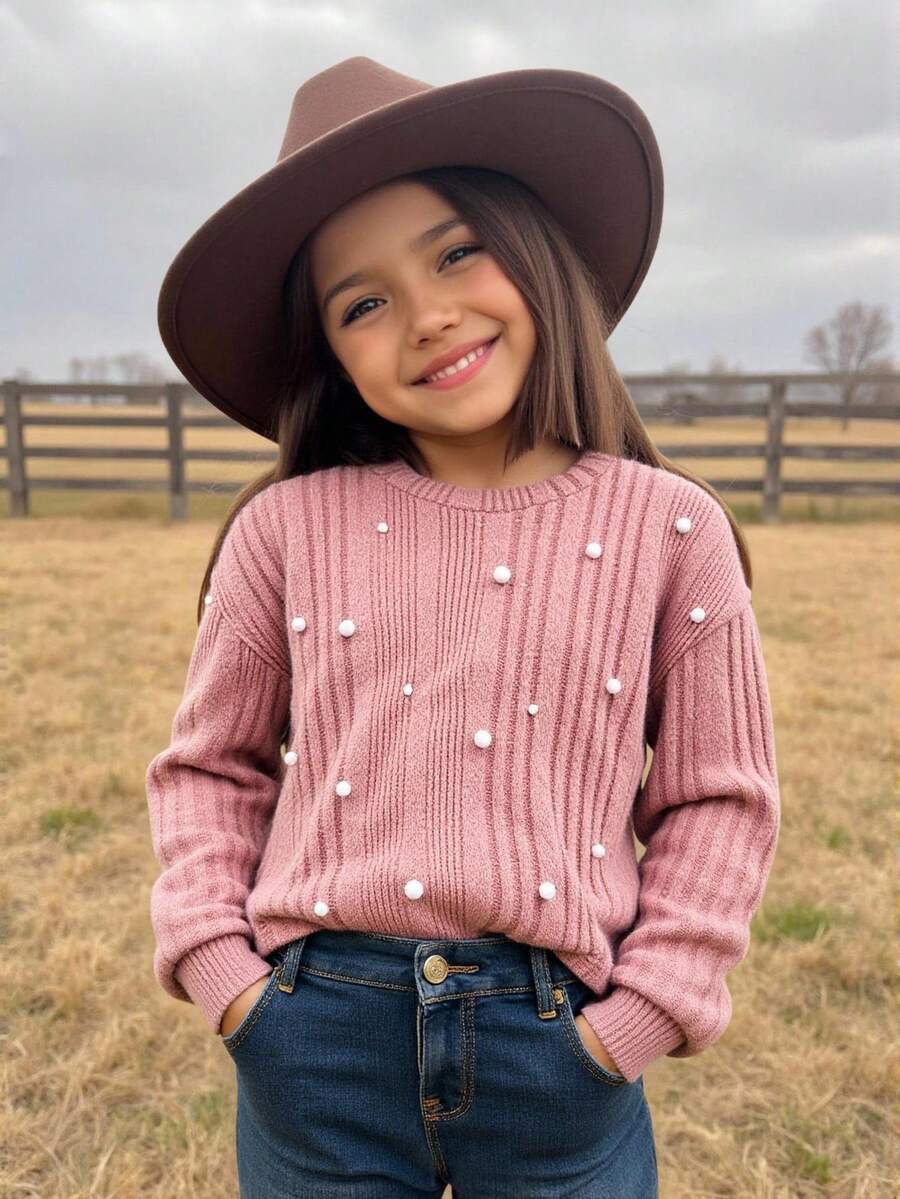 Emery Rose Kids Emery Rose Kids 年轻女孩针织毛绒罗纹铆钉圆领宽松休闲长袖保暖 T 恤，适合圣诞节、派对穿着、日常上学穿着、生日礼服、公主裙、妈妈和女儿及姐妹 - 粉色 - 查看 1