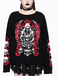 ROMWE Gothic Christmas Holiday Skull & Demon Pattern Jacquard Knit Plus Size Sweater For Women - Multicolor - View 4