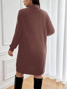 SHEIN Frenchy Plus Size Women Solid Color High Neck Drop Shoulder Long Sleeve Ribbed Casual T-Shirt Dress/Fall/Winter Long Sleeve Dresses Solid Color Dress - Rust Brown - View 5