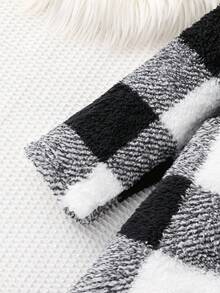 SHEIN 女童黑白格子休闲珊瑚绒长袖外套，适合秋冬季节，长款毛绒外套 - 黑與白 - 查看 7