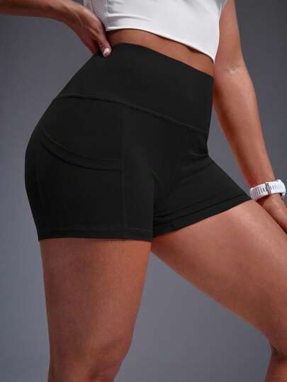 Women's Solid Color High Waist Pocketed Casual Fitness Shorts