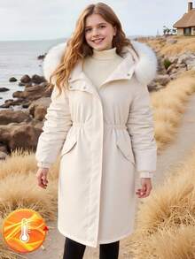 SHEIN 青少年斜口袋休闲时尚收腰宽松中长款女童可拆卸毛领夹棉大衣，百搭外套 - 米色 - 查看 5