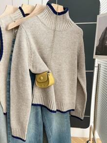 Franclia French Retro Loose High Neck Long Sleeve Contrast Trim Knit Pullover Sweater For Women, Autumn/Winter Women's Winter Sweater Going Out Tops For Women Casual Tops For Women